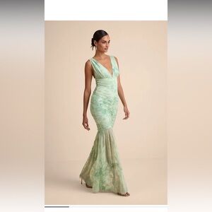 Lulus Jamie Mint Green Floral Mesh Sheer Hem Maxi Dress - Size L